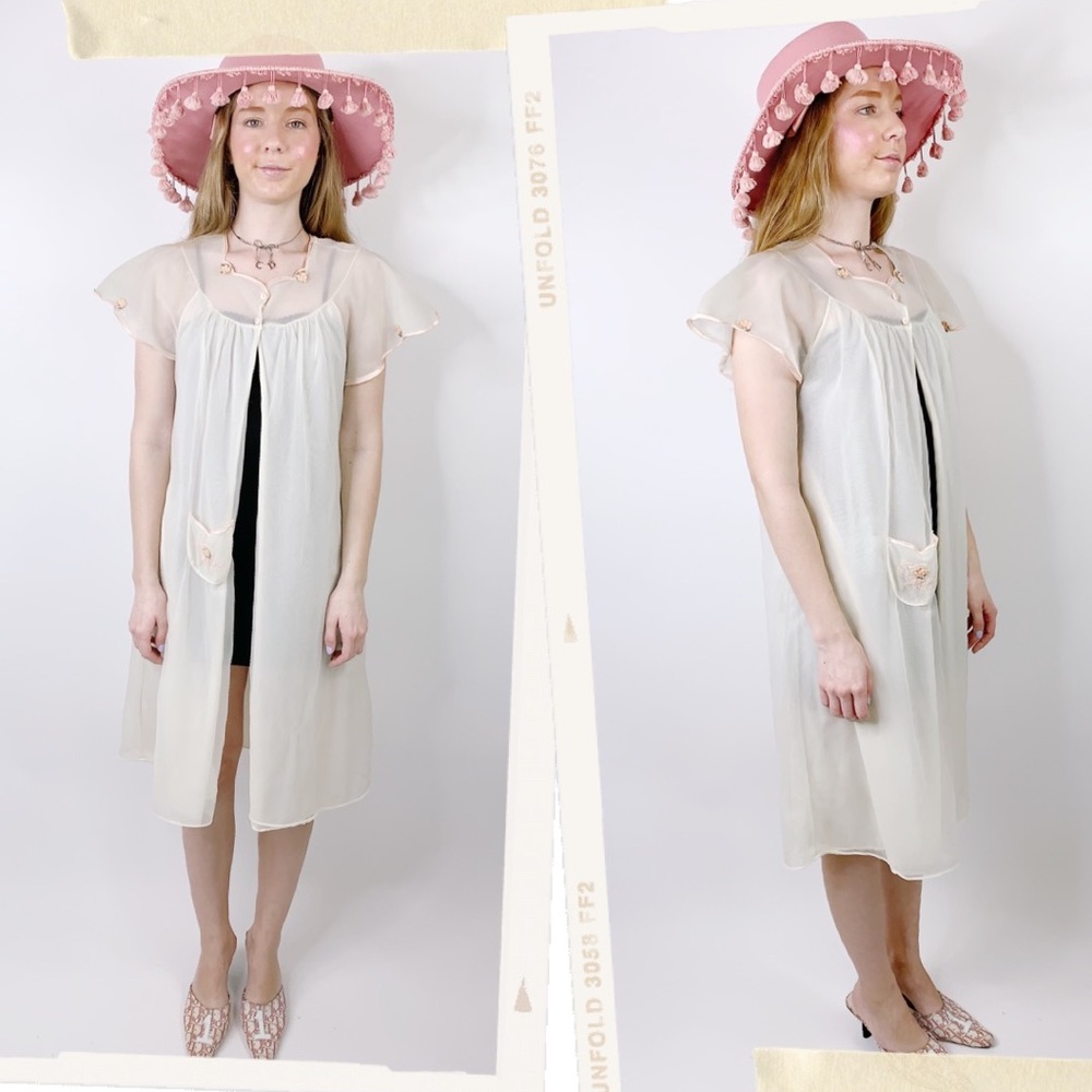 Vtg 60s Romantic Appliqué Lingerie Duster Coat